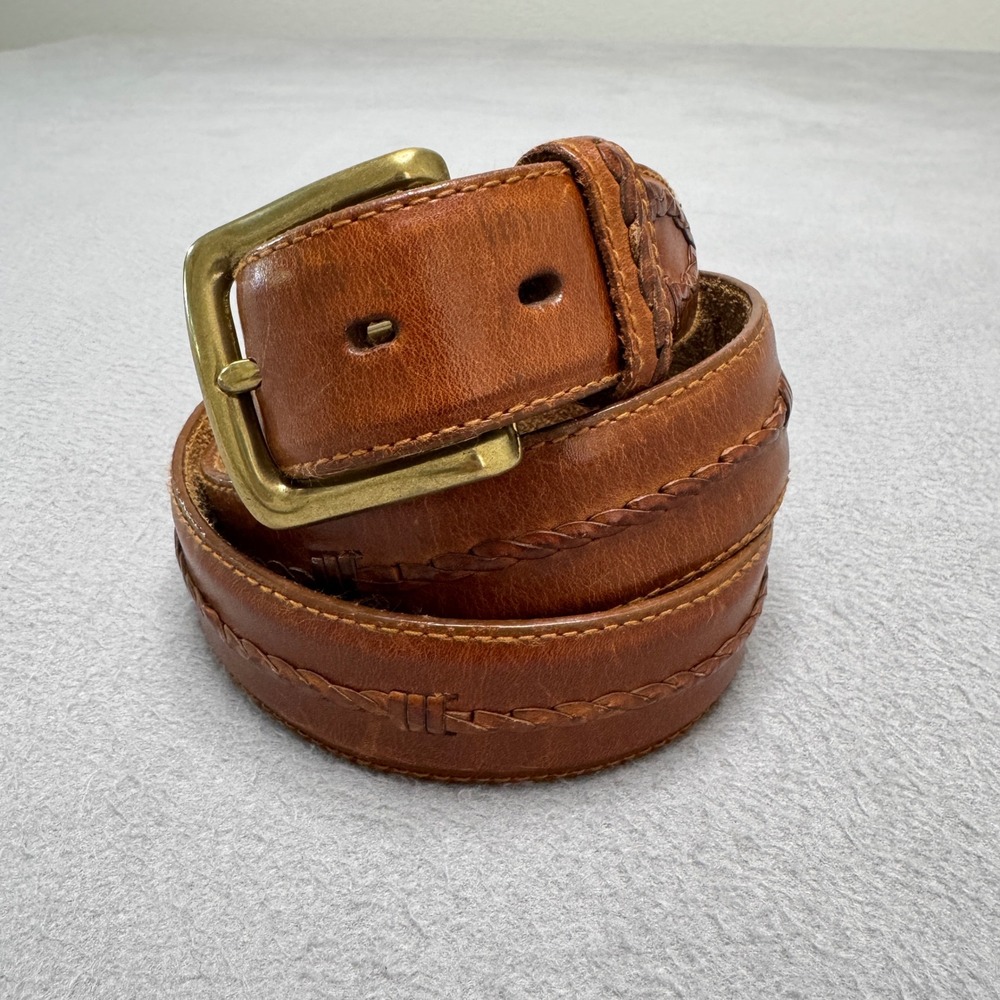 Fossil Leather Belt Mens 36 Brown Braided Stitched Solid Brass Buckle